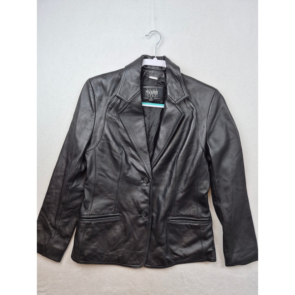 Wilsons Leather Pelle Studio Black Leather Blazer Jacket Floral Lining Med Y2K